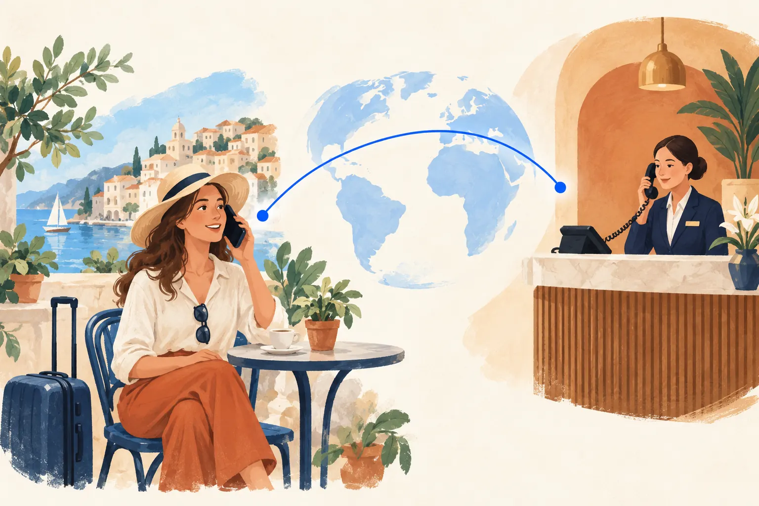 Ilustracja podróżującej osoby dzwoniącej z kawiarni do recepcji hotelu, połączonych niebieską linią przez glob.